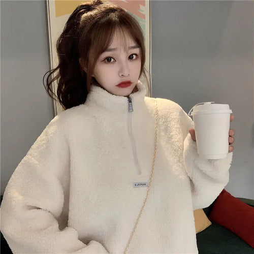 Women's Thickened Lambswool Hoodie - Korean Style Warm Coat